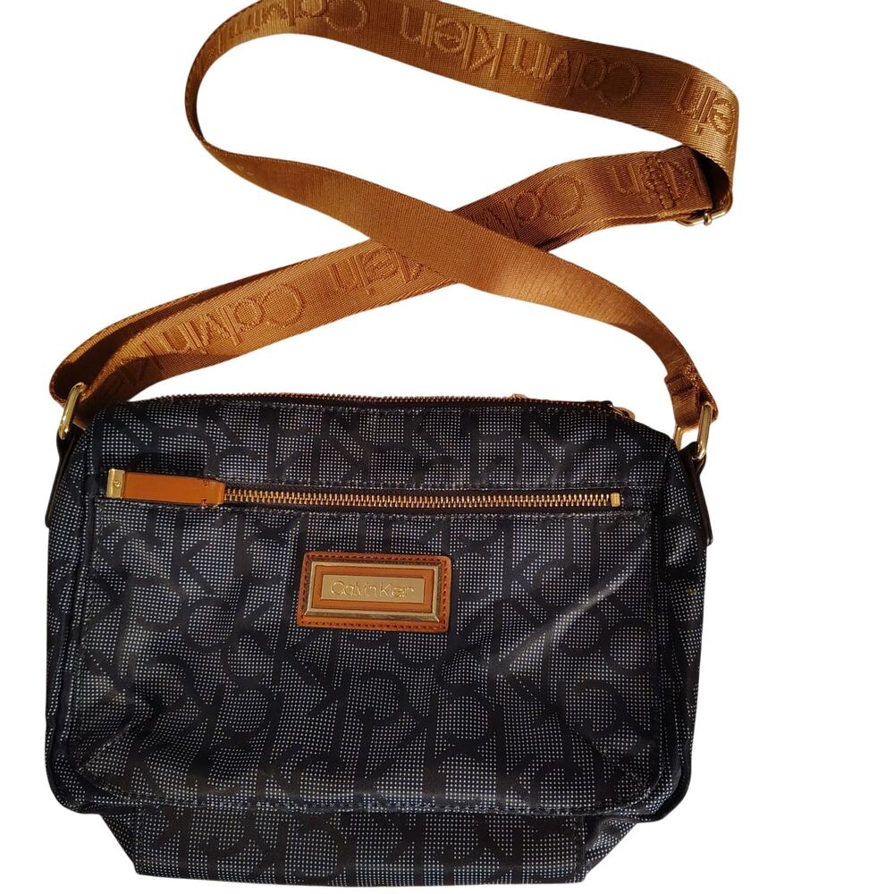 Calvin Klein Blue Crossbody Bag with Tan Trim – Medium 11x7x4
